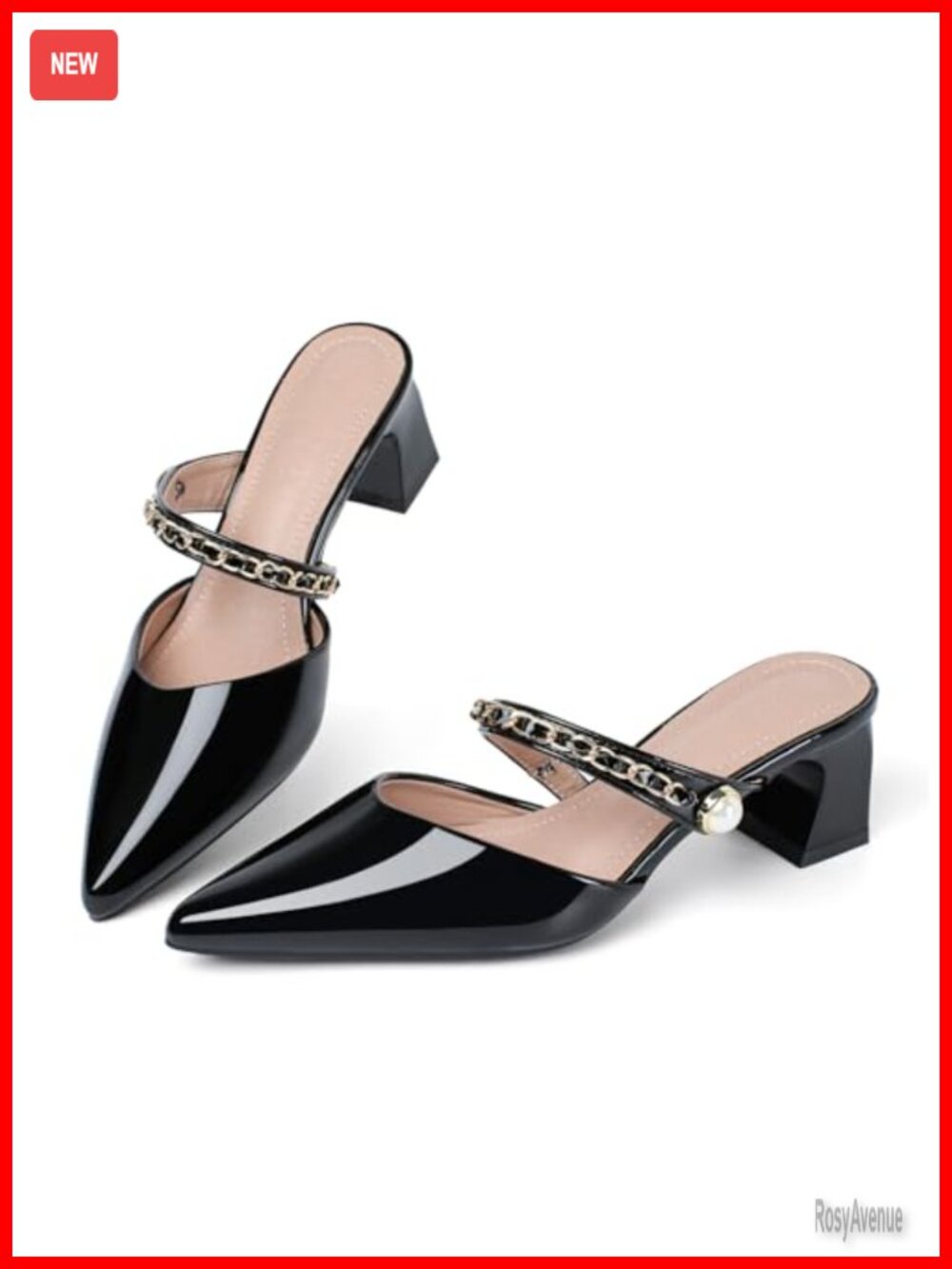 Womens Pointed Toe Mules Chunky Block Heel Slip On Pumps Faux Leather
